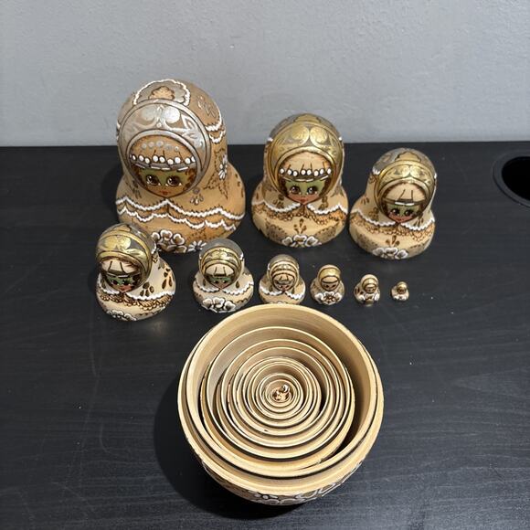 Vintage Russian Matryoshka Nesting Dolls Set Of 10 Wooden Hand Signed Burnt - Picture 12 of 12